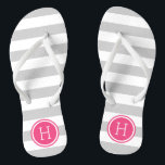 Grey and Pink Preppy Stripes Monogram Flip Flops<br><div class="desc">Custom printed flip flop sandals with a preppy nautical stripe pattern and your custom monogram or other text in a circle frame. Click Customise It to change text fonts and colours or add your own images to create a unique one of a kind design!</div>