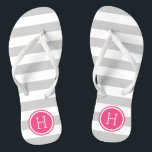 Grey and Pink Preppy Stripes Monogram Flip Flops<br><div class="desc">Custom printed flip flop sandals with a preppy nautical stripe pattern and your custom monogram or other text in a circle frame. Click Customise It to change text fonts and colours or add your own images to create a unique one of a kind design!</div>