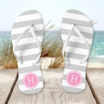 Grey and Pink Preppy Stripes Monogram Flip Flops<br><div class="desc">Custom printed flip flop sandals with a preppy nautical stripe pattern and your custom monogram or other text in a circle frame. Click Customise It to change text fonts and colours or add your own images to create a unique one of a kind design!</div>
