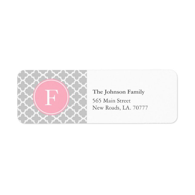 Grey and Pink Quatrefoil Monogram Address Labels (Front)