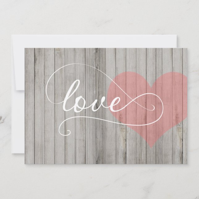 Grey and Pink Rustic Wood Heart Wedding Invite (Front)