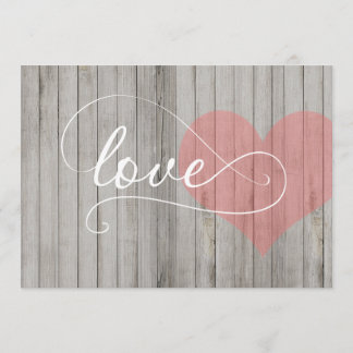 Grey and Pink Rustic Wood Heart Wedding Invite