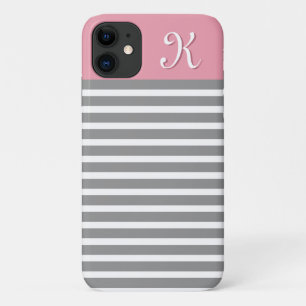 Grey and Pink Striped Pattern Monogram iPhone 11 Case