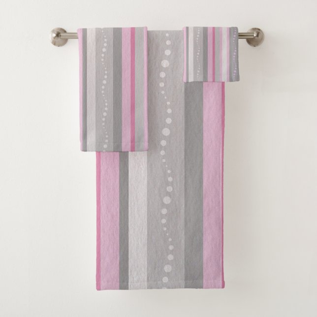 Grey And Pink Stripes Bath Towel Set (Insitu)
