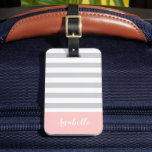 Grey and Pink Stripes Monogram | Editable Colours Luggage Tag<br><div class="desc">Stylish custom printed luggage tag in light grey, blush pink and white colours. This design features a preppy classic grey and white striped pattern. Personalise it with your name monogram or other custom text on the front. Add your contact information on the back side in case your luggage is lost...</div>