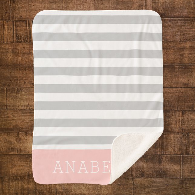 Grey and Pink Stripes Monogram | Editable Colours Sherpa Blanket (Creator Uploaded)