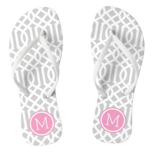 Grey and Pink Trellis Monogram Flip Flops
