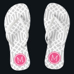 Grey and Pink Trellis Monogram Flip Flops<br><div class="desc">Custom printed flip flop sandals with a stylish modern trellis pattern and your custom monogram or other text in a circle frame. Click Customise It to change text fonts and colours or add your own images to create a unique one of a kind design!</div>