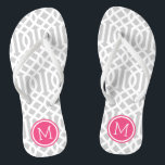 Grey and Pink Trellis Monogram Flip Flops<br><div class="desc">Custom printed flip flop sandals with a stylish modern trellis pattern and your custom monogram or other text in a circle frame. Click Customise It to change text fonts and colours or add your own images to create a unique one of a kind design!</div>