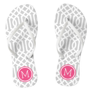 Grey and Pink Trellis Monogram Flip Flops