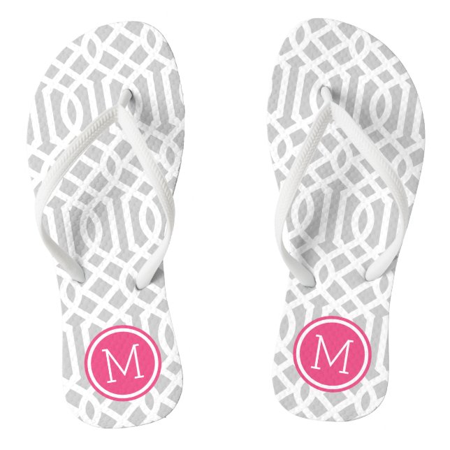 Grey and Pink Trellis Monogram Flip Flops (Footbed)