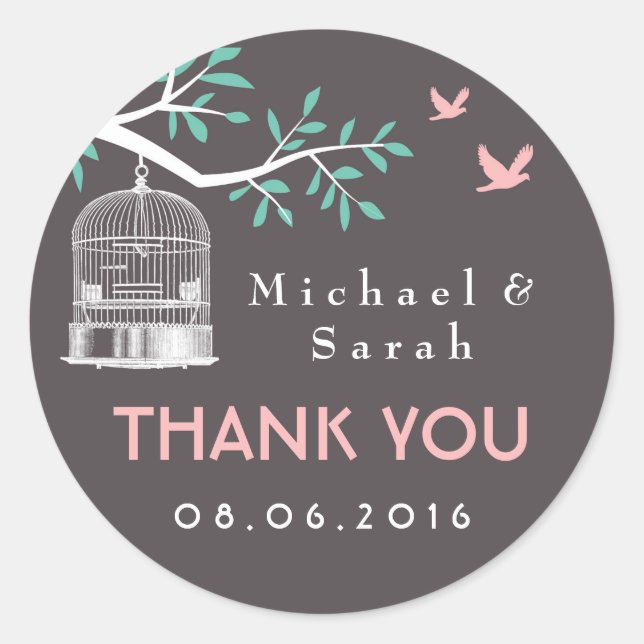 Grey and Pink Vintage Bird Cage Wedding Sticker (Front)
