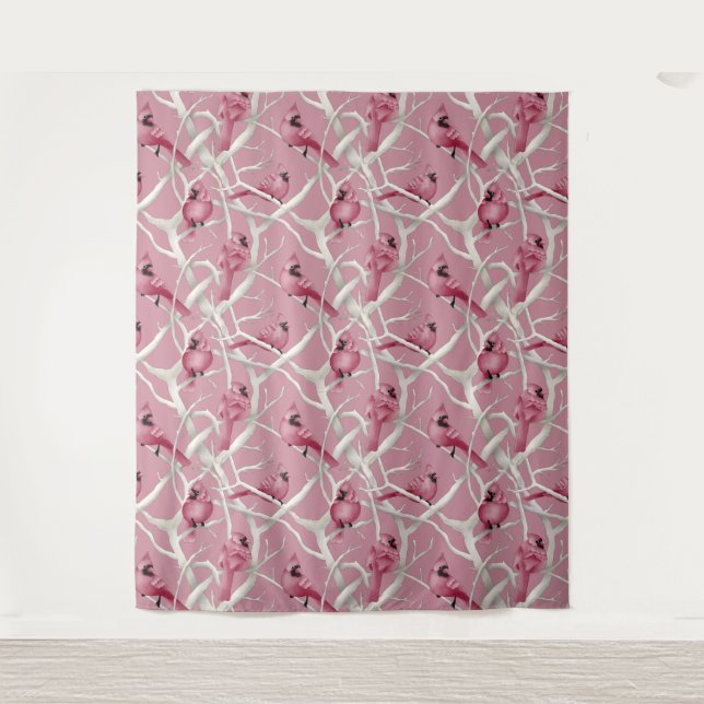 Grey And Pink Watercolor Cardinal Birds Pattern Tapestry (Front)