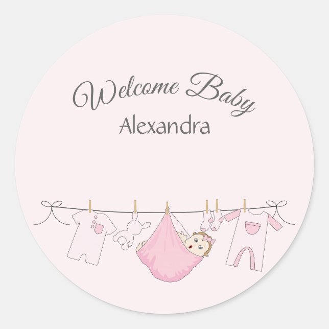Grey and Pink Welcome Baby Girl Adorable Classic Round Sticker (Front)