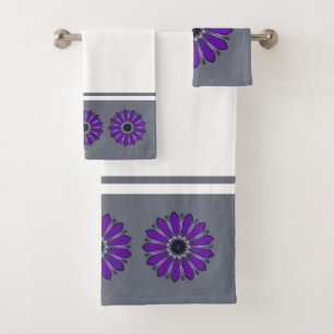Grey and Purple Abstract Flower Bath Towel Set