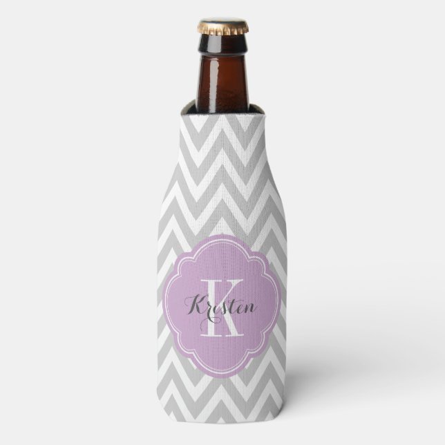 Grey and Purple Chevron Monogram Bottle Cooler (Bottle Front)