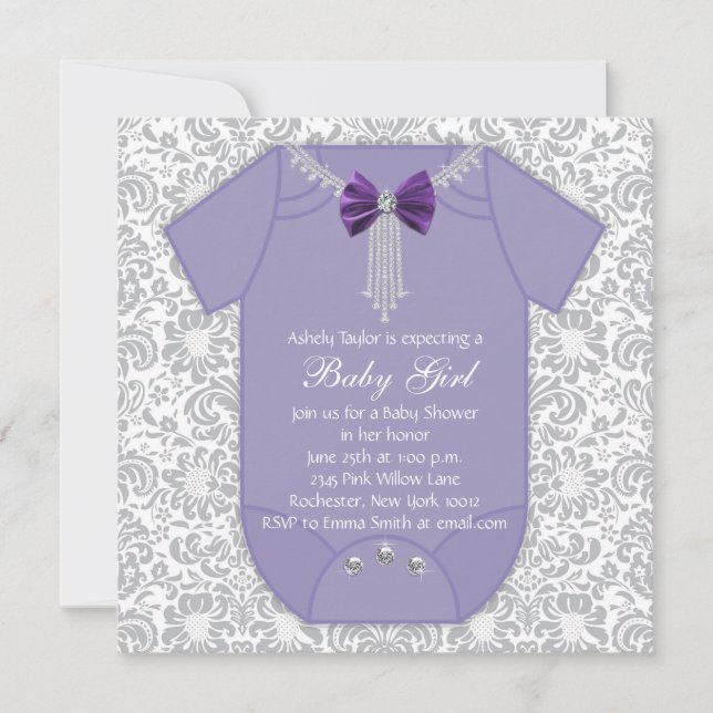 Grey and Purple Damask Baby Girl Shower Invitation (Front)