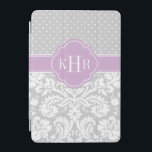Grey and Purple Damask Polka Dots Monogram iPad Mini Cover<br><div class="desc">Chic modern stylish iPad case design features a mix of preppy polka dots and elegant vintage damask patterns personalised with your monogram initials or name in a quatrefoil frame. Click Customise It to change monogram font and colours to create your own unique one of a kind design!</div>