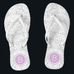 Grey and Purple Floral Damask Monogram Flip Flops<br><div class="desc">Custom printed flip flop sandals with a stylish elegant floral damask pattern and your custom monogram or other text in a circle frame. Click Customise It to change text fonts and colours or add your own images to create a unique one of a kind design!</div>