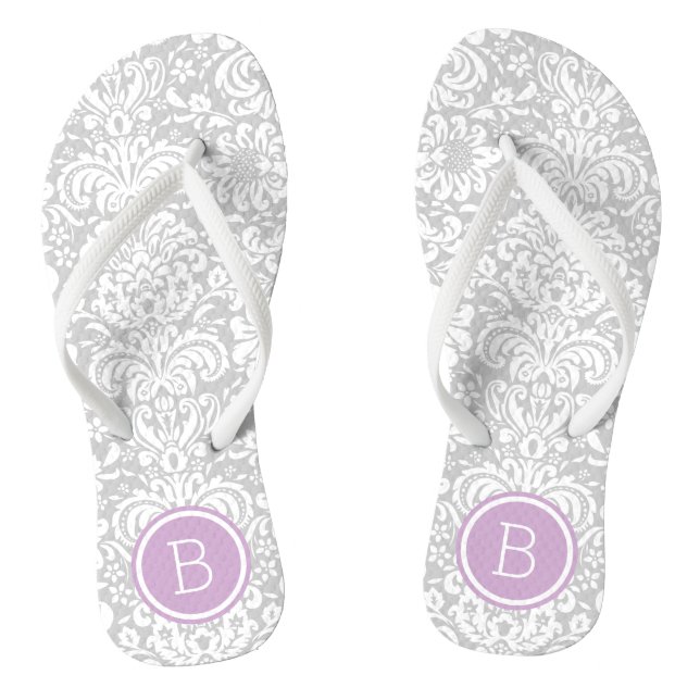 Grey and Purple Floral Damask Monogram Flip Flops (Footbed)