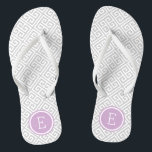 Grey and Purple Greek Key Monogram Flip Flops<br><div class="desc">Custom printed flip flop sandals with a stylish modern Greek key pattern and your custom monogram or other text in a circle frame. Click Customise It to change text fonts and colours or add your own images to create a unique one of a kind design!</div>