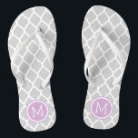 Grey and Purple Moroccan Quatrefoil Monogram Flip Flops<br><div class="desc">Custom printed flip flop sandals with a stylish Moroccan quatrefoil pattern and your custom monogram or other text in a circle frame. Click Customise It to change text fonts and colours or add your own images to create a unique one of a kind design!</div>