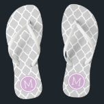 Grey and Purple Moroccan Quatrefoil Monogram Flip Flops<br><div class="desc">Custom printed flip flop sandals with a stylish Moroccan quatrefoil pattern and your custom monogram or other text in a circle frame. Click Customise It to change text fonts and colours or add your own images to create a unique one of a kind design!</div>