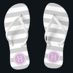 Grey and Purple Preppy Stripes Monogram Flip Flops<br><div class="desc">Custom printed flip flop sandals with a preppy nautical stripe pattern and your custom monogram or other text in a circle frame. Click Customise It to change text fonts and colours or add your own images to create a unique one of a kind design!</div>