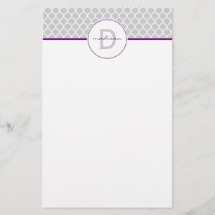Grey and Purple Quatrefoil Monogram Stationery