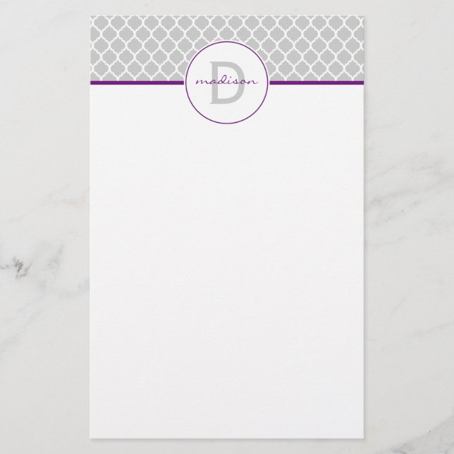 Grey and Purple Quatrefoil Monogram Stationery (Front)