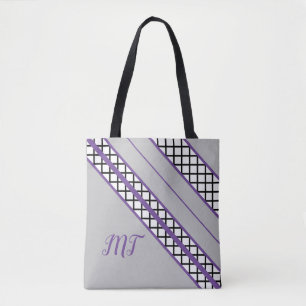Grey and Purple Stripes Monogram Tote Bag