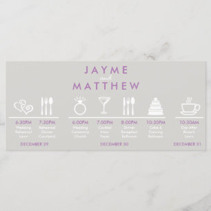 Grey and Purple Wedding Timeline Welcome Bag Note Programme
