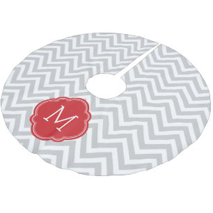 Grey and Red Chevron Monogram Brushed Polyester Tree Skirt