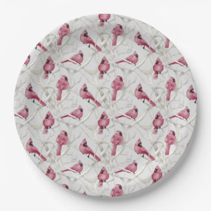 Grey And Red Christmas Cardinal Birds Paper Plate