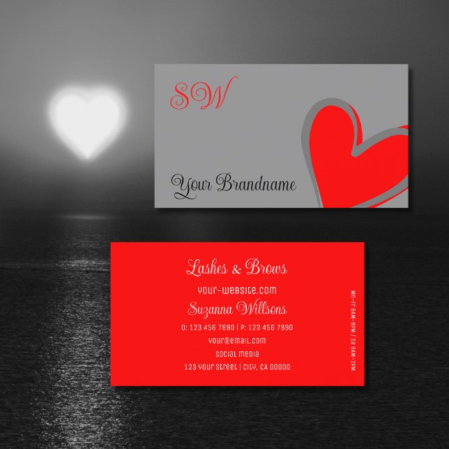 Grey and Red Gorgeous Heart with Monogram Cute Business Card (Creator Uploaded)