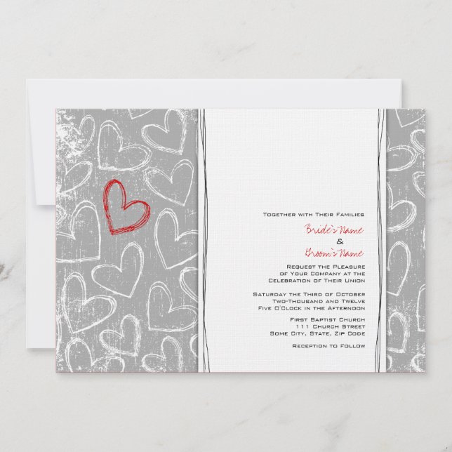 Grey and Red Grunge Hearts Wedding Invitations (Front)
