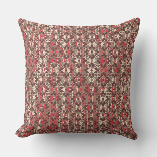 Grey and Red Patterned Flowers Cushion (Front)