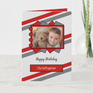 Grey and red photo and name kids birthday card