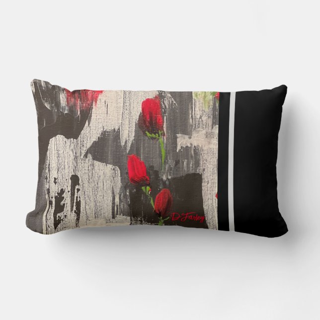 Grey and Red Poppy Rose Throw Pillow (Front)