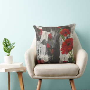 Grey and Red Poppy Rose Throw Pillow
