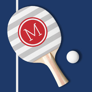 Grey and Red Preppy Stripes Monogram Ping Pong Paddle