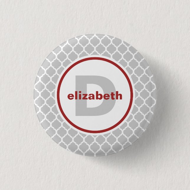 Grey and Red Quatrefoil Monogram 3 Cm Round Badge (Front)