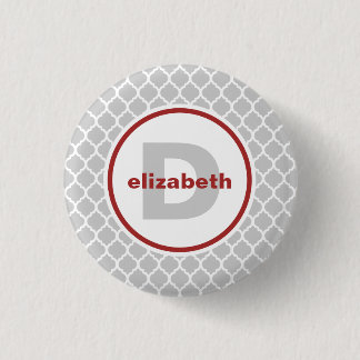 Grey and Red Quatrefoil Monogram 3 Cm Round Badge