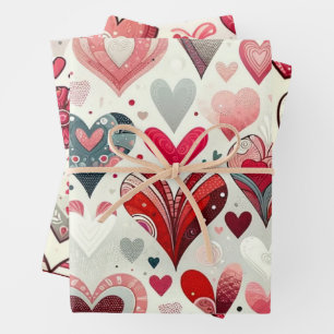 Grey and Red Whimsical Artsy Fancy Valentine's Day Wrapping Paper Sheet