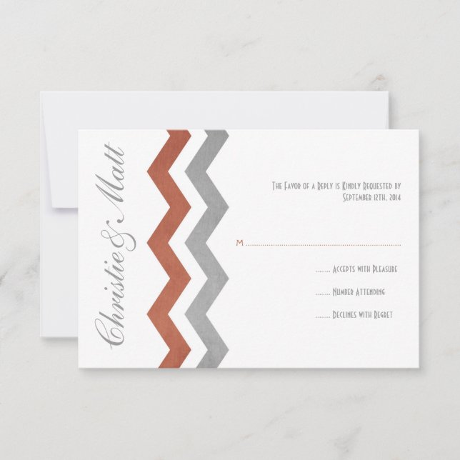 Grey and Red Zig Zag Wedding RSVP Card (Front)