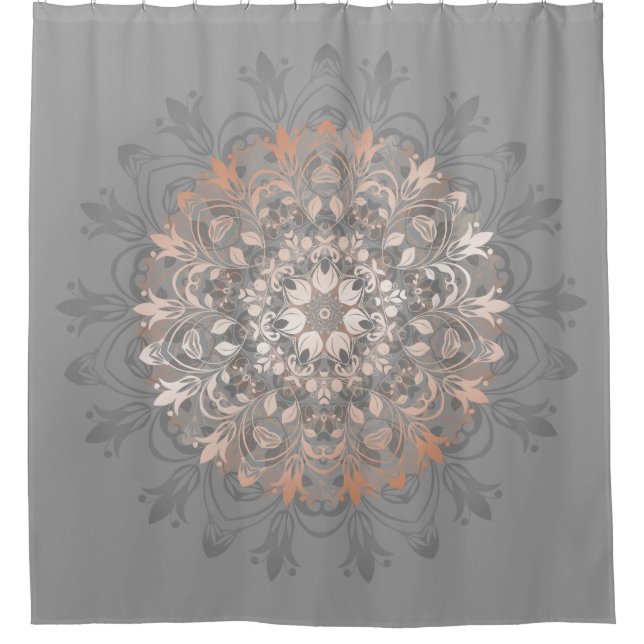 Grey And Rose Gold | Floral Mandala Shower Curtain (Front)