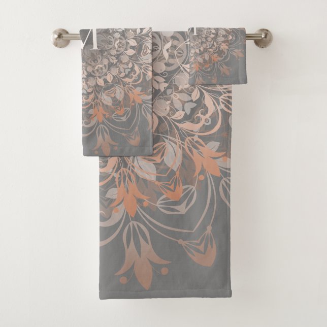 Grey And Rose Gold | Mandala Monogram Bath Towel Set (Insitu)