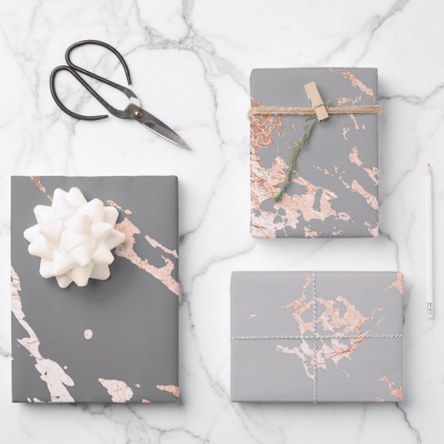 Grey and Rose Gold Marble Look Wrapping Paper Sheet (Front)