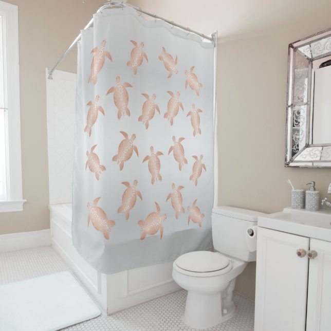 Grey And Rose Gold Turtles | Coastal Shower Curtain (In Situ)