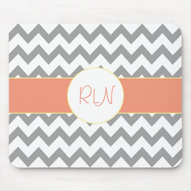 Grey and Salmon Chevron Striped Monogram Mouse Mat (Front)